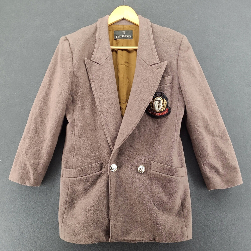 VTG Trussardi Donna Cashmere Wool Coat Blazer Jacket Crest Patch Double Breasted